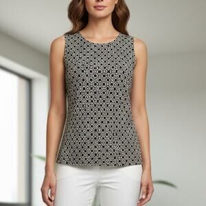 Ann Taylor Black Brown Geometric Print Sleeveless Blouse Size 6 Silk Feel